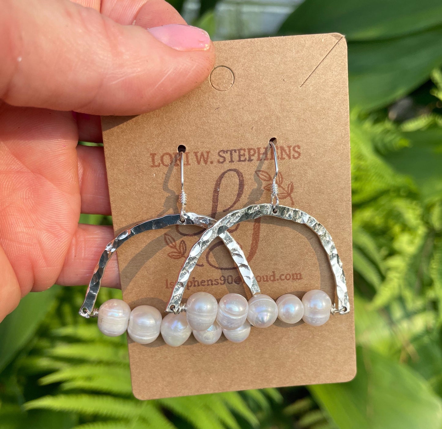 STERLING SILVER HAMMERED ARCH LARGE WHITE PEARL EARRINGS