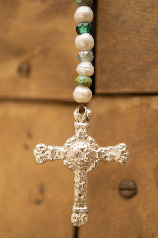 STERLING SILVER ROSARY STYLE PEARL & CZECH GLASS NECKLACE