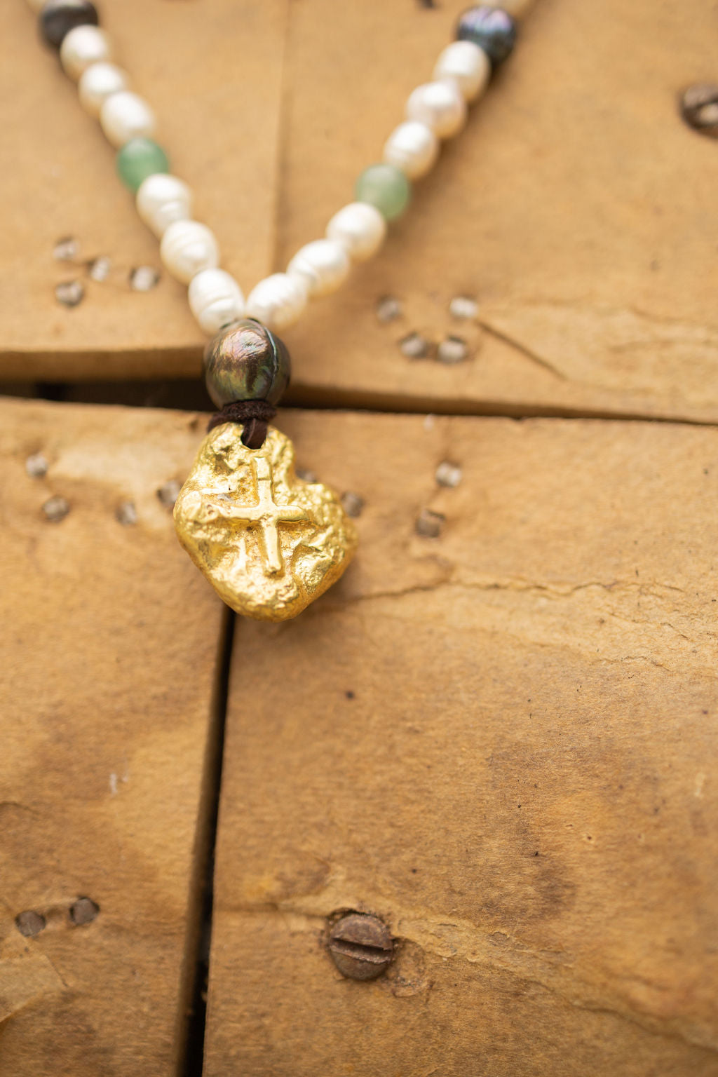 BRASS OLD WORLD CROSS PEARL & JADE BEAD NECKLACE