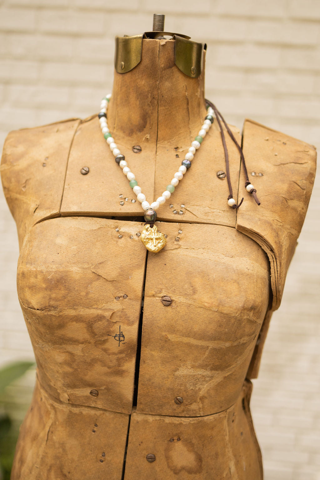 BRASS OLD WORLD CROSS PEARL & JADE BEAD NECKLACE