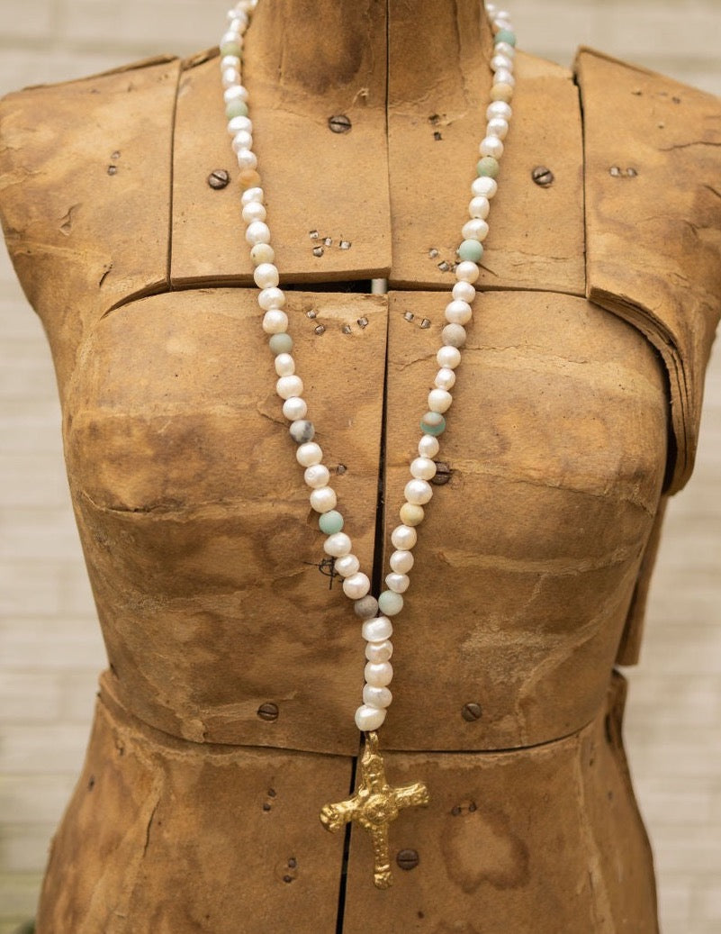 BRASS ROSARY STYLE PEARL & JASPER NECKLACE