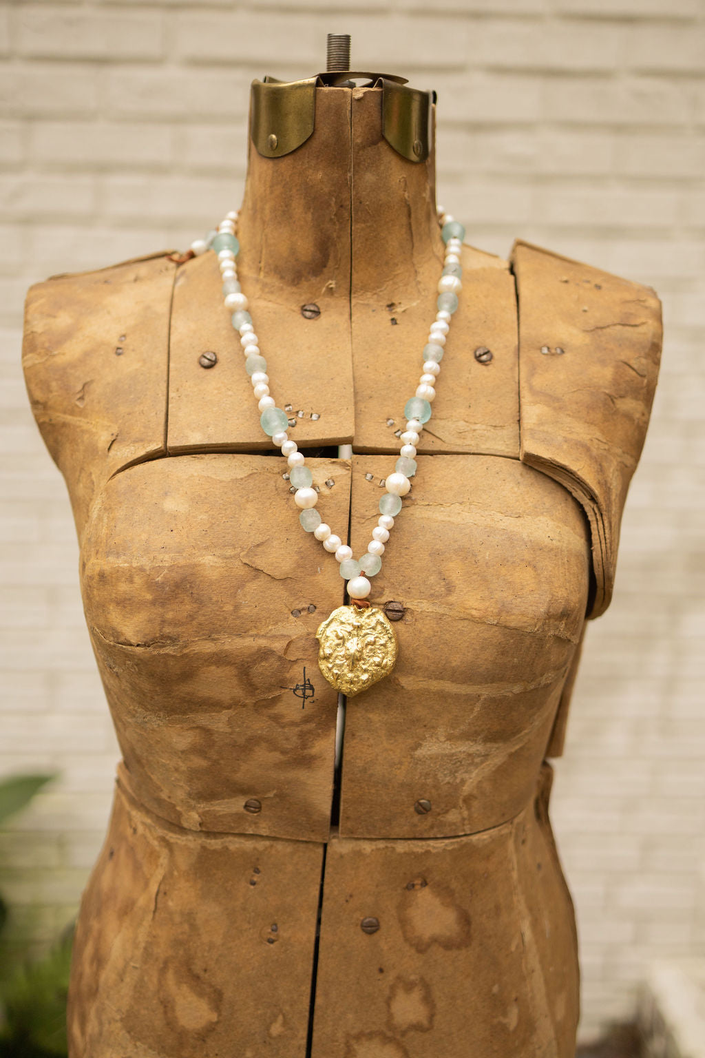 BRASS FLEUR-DE-LIS, PEARL AND SEA GLASS NECKLACE