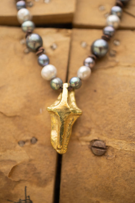 MODERN BRASS CROSS & GRAY PEARL NECKLACE