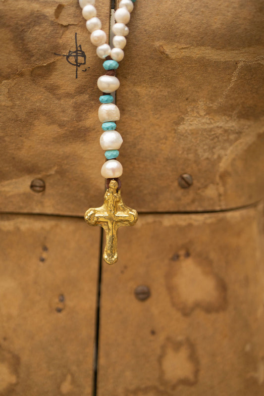 BRASS ROSARY STYLE PEARL & TURQUOISE NECKLACE