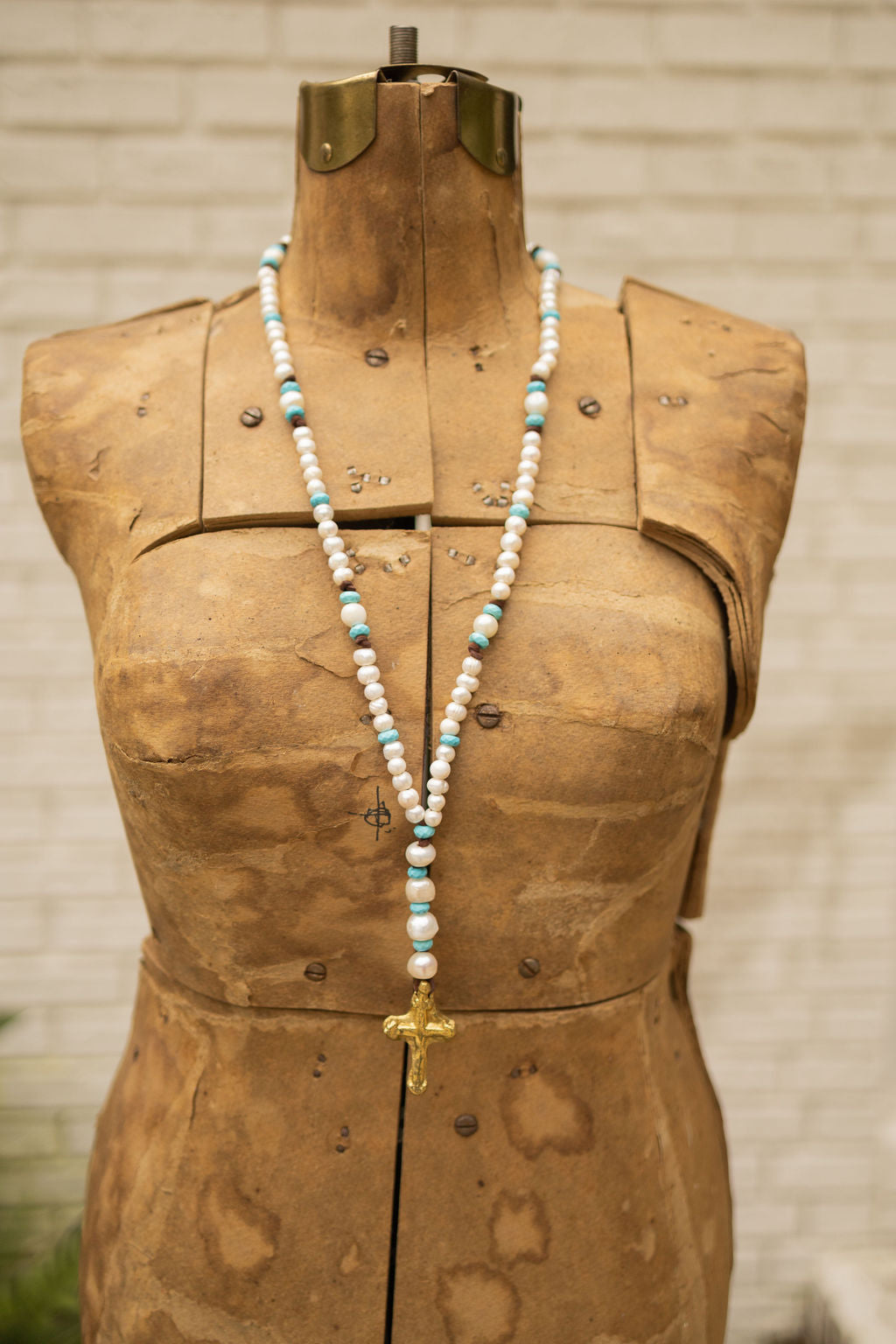 BRASS ROSARY STYLE PEARL & TURQUOISE NECKLACE