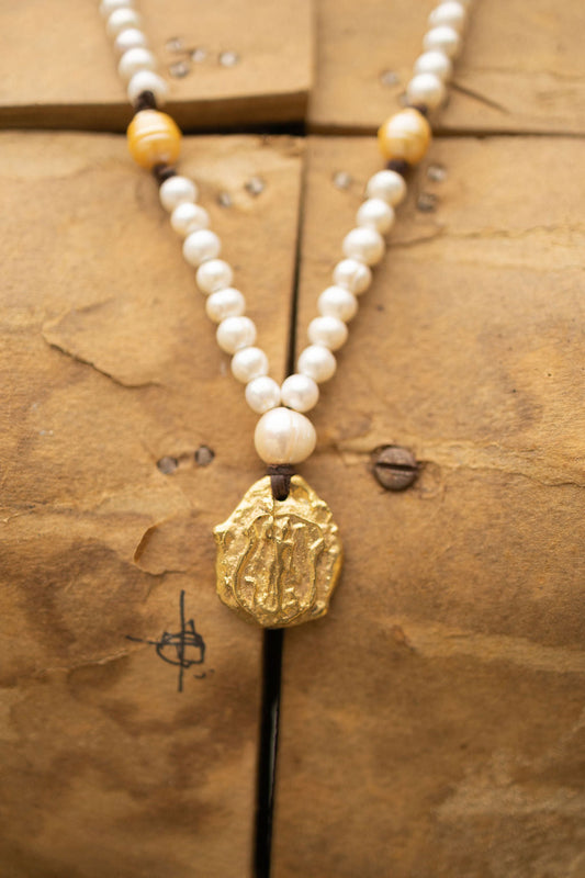 BRASS WARRIOR PENDANT & PEARL NECKLACE